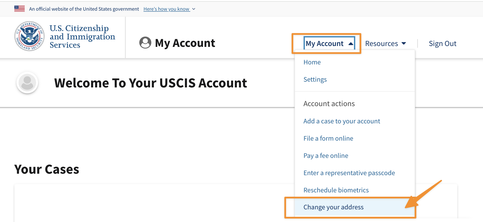 Selecting Change your address from the My Account menu in myUSCIS