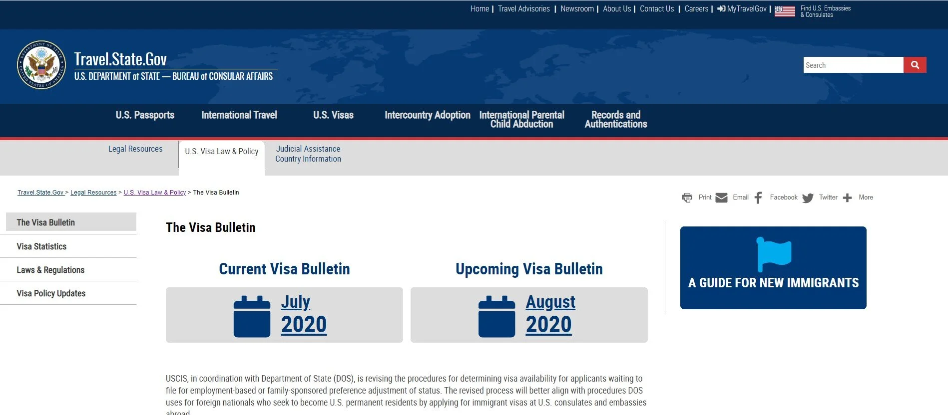 Visa Bulletin sample